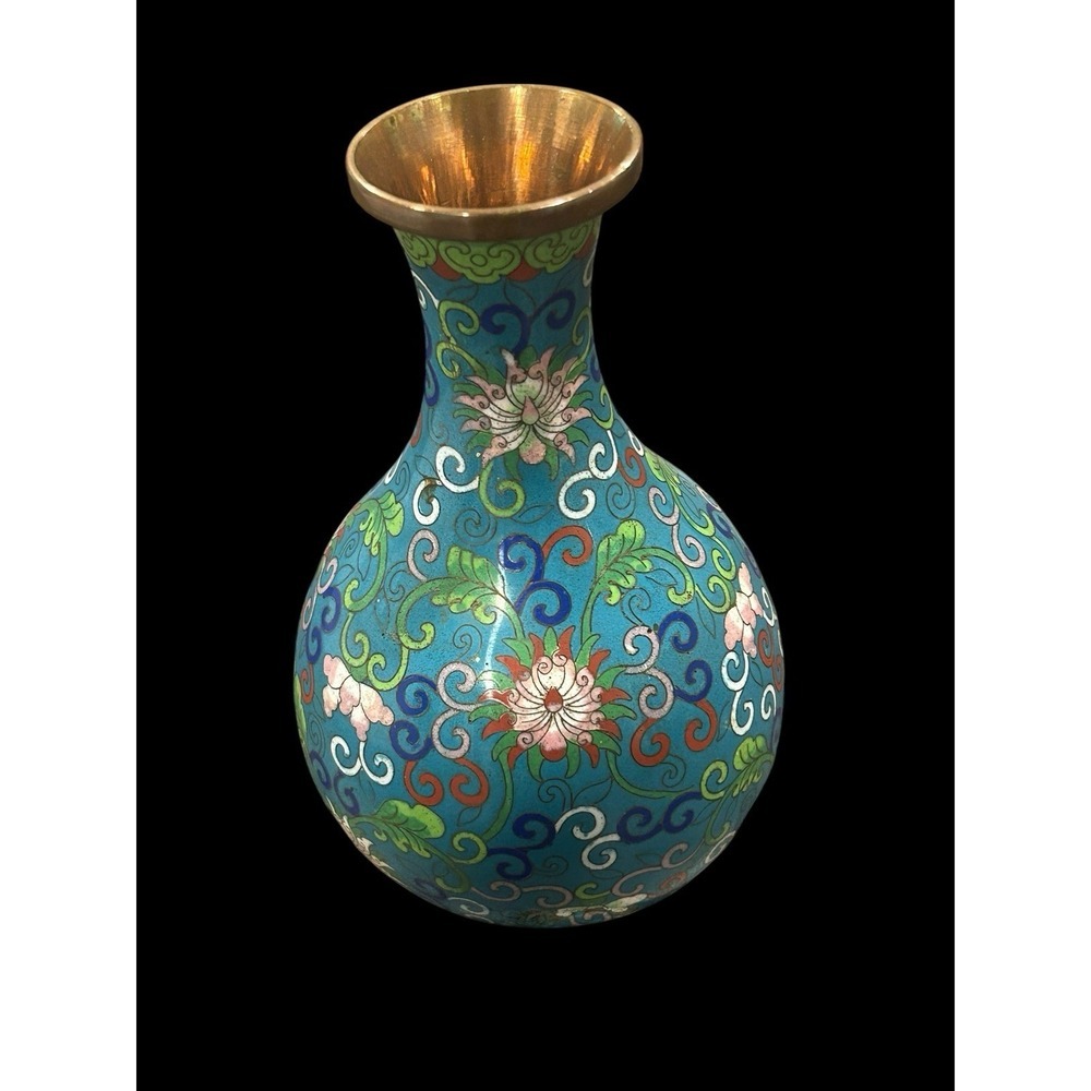 Vintage Chinese Cloisonné Vase 8" Blue Flowers Brass Enamel Design - Picture 7 of 10